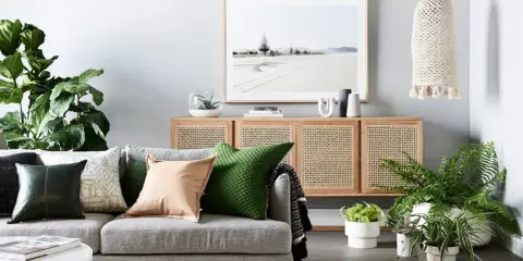 Accogliente zona giorno con divano grigio, cuscini colorati, credenza in rattan e piante verdi.