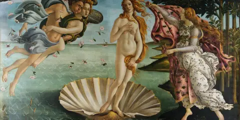El Nacimiento de Venus, uno de los cuadros de museos famosos, muestra a Venus en una concha, con Céfiro y una ninfa a su lado.