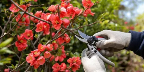Gants blancs et sécateur pour la taille d'un cognassier du Japon aux fleurs rouges éclatantes.