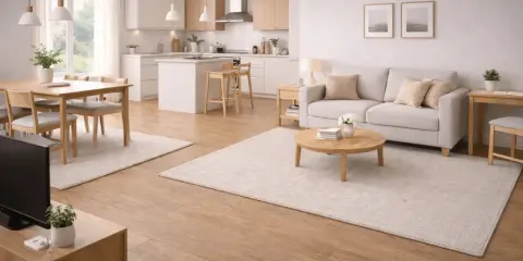 Ett ljust och modernt vardagsrum med kök. Två mattor i samma rum skapar en ombonad känsla.
