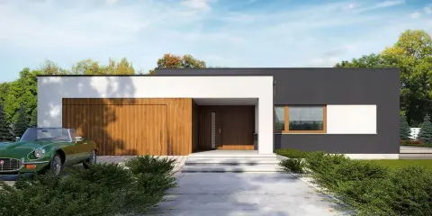 Nowoczesny dom z płaskim dachem, z drewnianą bramą garażową i zielonym kabrioletem.