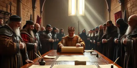 König mit Krone entrollt Schriftrolle, umgeben von Männern in mittelalterlicher Kleidung. Ein historischer Moment, der die magna carta bedeutung symbolisiert.