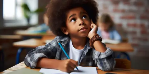 Niño con gran afro, sentado en un pupitre, con la mano en la barbilla, pensando. Parece que a mi hijo se le olvida lo que aprende.
