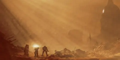 Figuras con armadura caminan por un paisaje desolado y polvoriento, con un edificio en forma de cúpula al fondo. Un recordatorio visual de los **Fallout 76 requisitos** para adentrarse en este mundo.