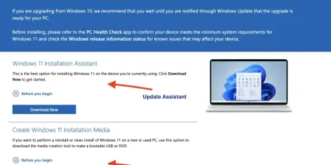 Strona z opcjami jak zainstalować Windows 11: Asystent Instalacji i Narzędzie do tworzenia nośnika.