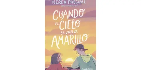 Portada de "Cuando el cielo se vuelva amarillo", un libro para adolescentes de 13 años, con dos jóvenes mirando un atardecer.