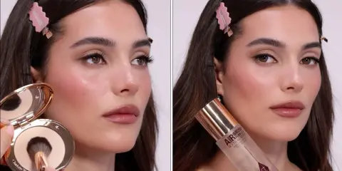 Mujer aplicando polvo y spray fijador para lograr un look perfecto. Aprende como fijar el maquillaje para que dure todo el día.