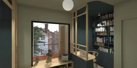 Un bureau caché dans le salon, intégré à une bibliothèque murale. Un espace de travail discret et fonctionnel.