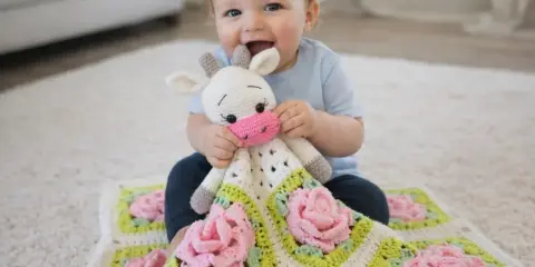 Bebé sonriente abraza una adorable manta de apego a crochet con forma de vaca y flores rosas.