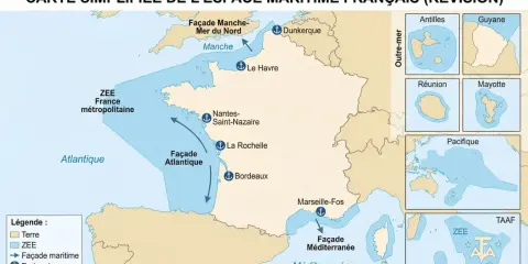 Carte simplifiée de l'espace maritime français, montrant les façades maritimes et les ZEE. Une carte fond marin essentielle pour comprendre l'étendue des eaux françaises.