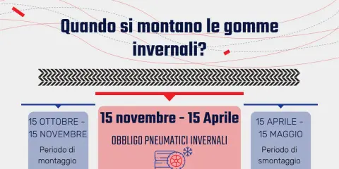 Periodo di montaggio gomme invernali: dal 15 ottobre al 15 novembre. Obbligo pneumatici invernali dal 15 novembre al 15 aprile.