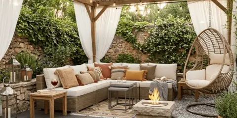 Acogedora zona chill out exterior con sofá modular, sillón colgante, hoguera y cortinas blancas. Un rincón perfecto para relajarse.