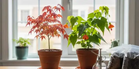 Un magnifique érable du Japon en pot, aux feuilles rouge orangé, côtoie une plante fleurie. Près d'eux, des sacs de terreau et un vaporisateur attendent pour le rempotage.