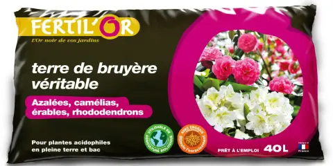 Sac de terre de bruyère Fertilor pour rhododendrons, camélias et azalées. Idéal pour plantes acidophiles.