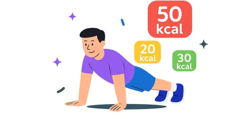 Uśmiechnięty mężczyzna robi pompki. Obok niego pojawiają się kolorowe etykiety z liczbą spalonych kalorii: 50, 20 i 30 kcal. Ile kcal spalisz, robiąc 10 pompek?
