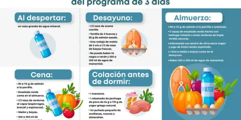 Menú de la dieta Perricone de 3 días: salmón, verduras, bayas y agua.