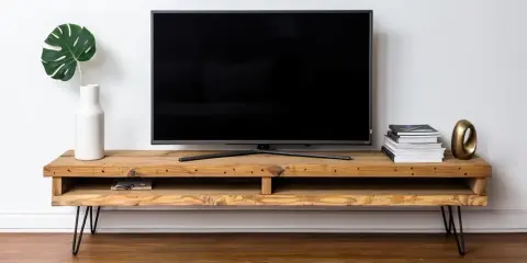 Meuble TV DIY en bois brut avec une plante verte dans un vase blanc et une pile de livres.
