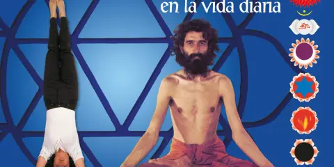 Man i meditation, kvinna i yogaställning. Texten "Yoga, tantra y meditación en la vida diaria" och "Swami Janakananda" syns.