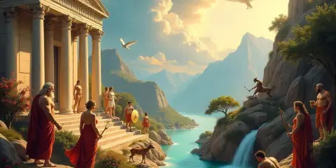Majestätische Tempel und Berge prägen das Bild des antiken Griechenlands. Menschen in roten Gewändern und mythologische Wesen beleben die Szene am türkisfarbenen Meer.