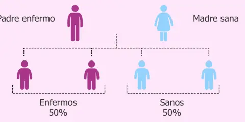 Diagrama de herencia genética: padre enfermo (morado) y madre sana (azul) tienen 50% de hijos enfermos y 50% sanos.