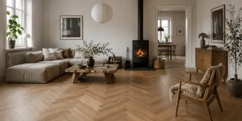 En mysig lounge med en stor soffa, en eldstad och en träbänk. En modern möbel trend som skapar en varm och inbjudande atmosfär.