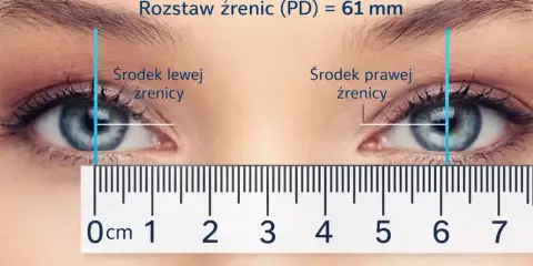 Pomiary rozstawu źrenic (PD) 61 mm, kluczowe oznaczenia na oprawkach okularów.