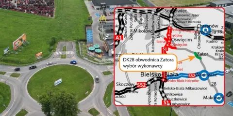 Mapa drogowa z zaznaczoną trasą DK28 obwodnica Zatora. Widoczny węzeł drogowy i McDonald's.