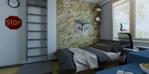 Pokój młodzieżowy z tapetą moro, łóżkiem, biurkiem i dekoracjami w stylu militarnym.