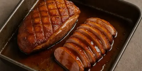 Un magret de canard au four, entier et tranché, baignant dans sa sauce caramélisée. Un délice croustillant et fondant.