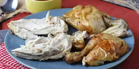 Piatto di petto di pollo arrosto succulento, tagliato a pezzi, con una ciotolina di salsa.