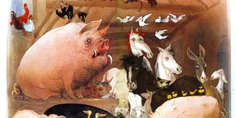 La fattoria degli animali, un'allegoria della rivoluzione russa, mostra maiali, cavalli, galline e altri animali in una stalla.