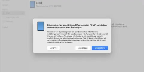 Ett felmeddelande visas för en iPad som inte startar. Det föreslås att uppdatera eller återskapa enheten.
