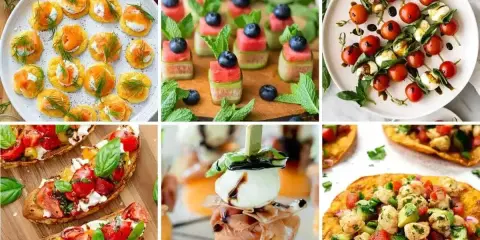 Idealne przekąski na ognisko: mini tartinki z łososiem, szaszłyki z arbuza i ogórka, caprese na patyku, bruschetty, melon z mozzarellą i szynką, quesadillas.