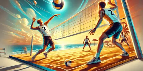 Dynamiczny ostatni serw w siatkówce na plaży. Piłka leci w stronę przeciwnika, a zawodnicy gotowi do akcji.