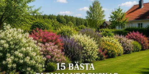 En vacker trädgård med en rad blomstrande buskar i olika färger, från vitt och rosa till lila och gult. En doftande buske bidrar till den lummiga och inbjudande atmosfären.