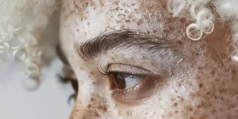 Zbliżenie na twarz z widocznym **vitiligo**, gdzie plamy depigmentacji przeplatają się z piegami. Jasne, kręcone włosy otaczają twarz.