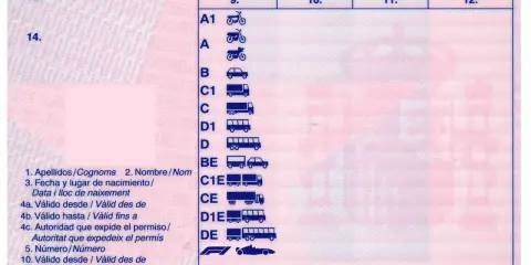 Permiso de conducir con categorías de vehículos, incluyendo motocicletas, coches y camiones. El permiso B96 permite conducir remolques.