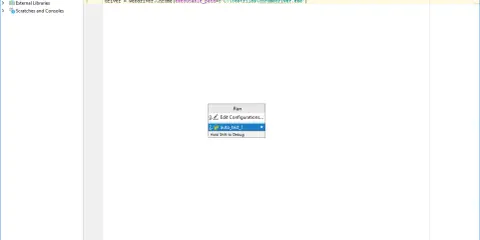 Ekran IDE PyCharm z otwartym plikiem Pythona i menu uruchamiania testów.