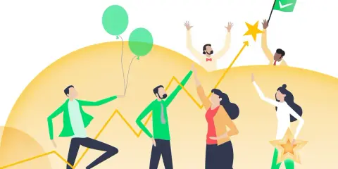 Teamwork en succes: een groep mensen viert successen met ballonnen, sterren en een vlag. De **karakter methode** wordt hier visueel weergegeven.