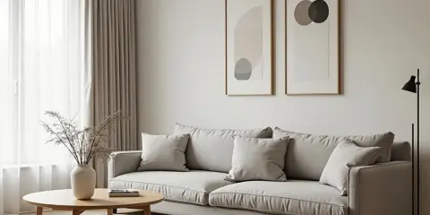 En ljus soffa med kuddar, ett runt träbord med en vas och en golvlampa. Två abstrakta tavlor på väggen bidrar till den minimalistiska inredningen.