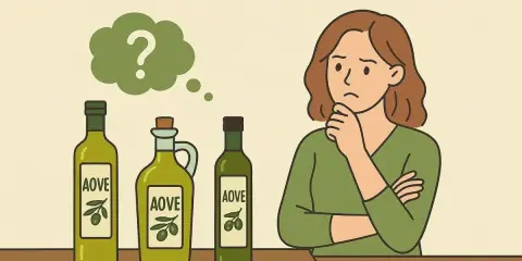 Mujer pensativa frente a botellas de AOVE, preguntándose qué significa virgen extra.