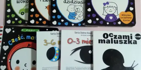 Książeczki kontrastowe dla niemowląt, jak widzi 3 miesięczne dziecko: świat wokół, zwierzaki, buzie, ślimak.