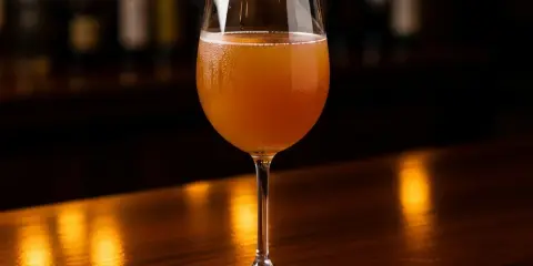 Ett glas med gyllene sangria vit står på en polerad träyta. Bakgrunden är mörk med suddiga flaskor.