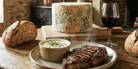 Un steak grillé fumant servi avec une sauce onctueuse à la Fourme d'Ambert, du pain artisanal et un verre de vin rouge.