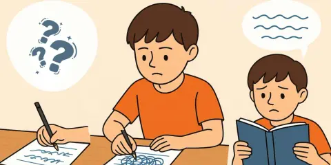 Chłopiec zmagający się z dysgrafią pisze nieczytelne bazgroły. Obok niego inny uczeń ma problem z ortografią, a trzeci z czytaniem.