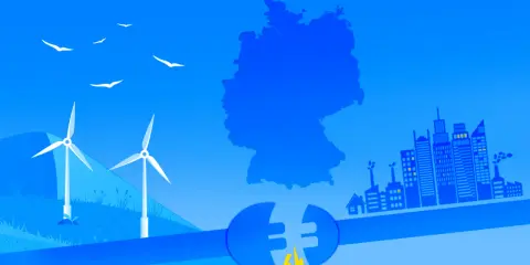 Deutschland setzt auf erneuerbare Energien. Windkraftanlagen drehen sich vor einer Silhouette von Deutschland, während eine Stadt im Hintergrund wächst.