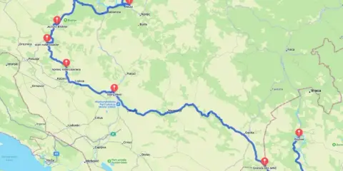 Trasa przez Czarnogórę i Bośnię, z zaznaczonymi punktami: Jezioro Blidinje, Stary Most w Mostarze, Plužine.