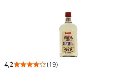 Flasche "WEIS SLIVOVITZ" mit Pflaumenmotiv. Der "Alter Pflaumenbrand" erzählt von seiner Herkunft.