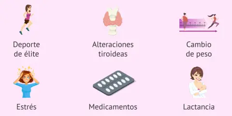 Ilustraciones de causas comunes de retraso regla: deporte, tiroides, peso, estrés, medicamentos y lactancia.
