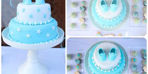Deliciosas tartas de gominolas para bautizos, decoradas con estrellas y zapatitos de bebé en tonos azules y blancos.
